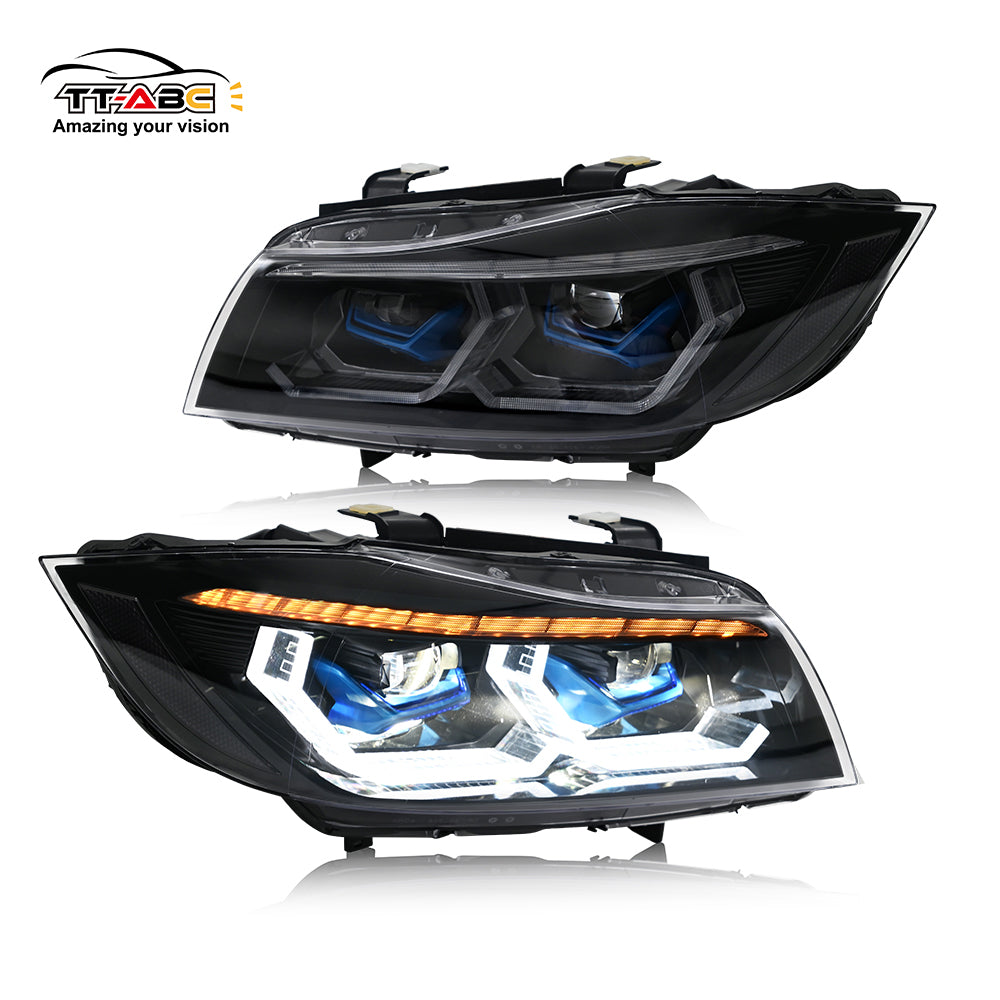 Fari Anteriori Alogeni KITT HLBME90AB Per BMW Serie 3 E90 E91 (03.2005-08.2008) LHD - Design Nero Con Luci Diurne LED