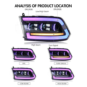 TT-ABC RGB Headlights for 2009-2018 Dodge RAM 1500,2013-2018 Dodge RAM 1500 2500 Headlamp With Sequential Turn Signal - TT-ABC