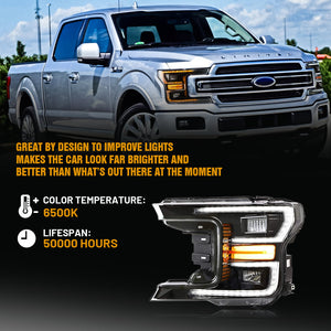 For 2018-2021 Ford F150 Headlights Assembly, Led Projector Headlight (Clear) - TT-ABC