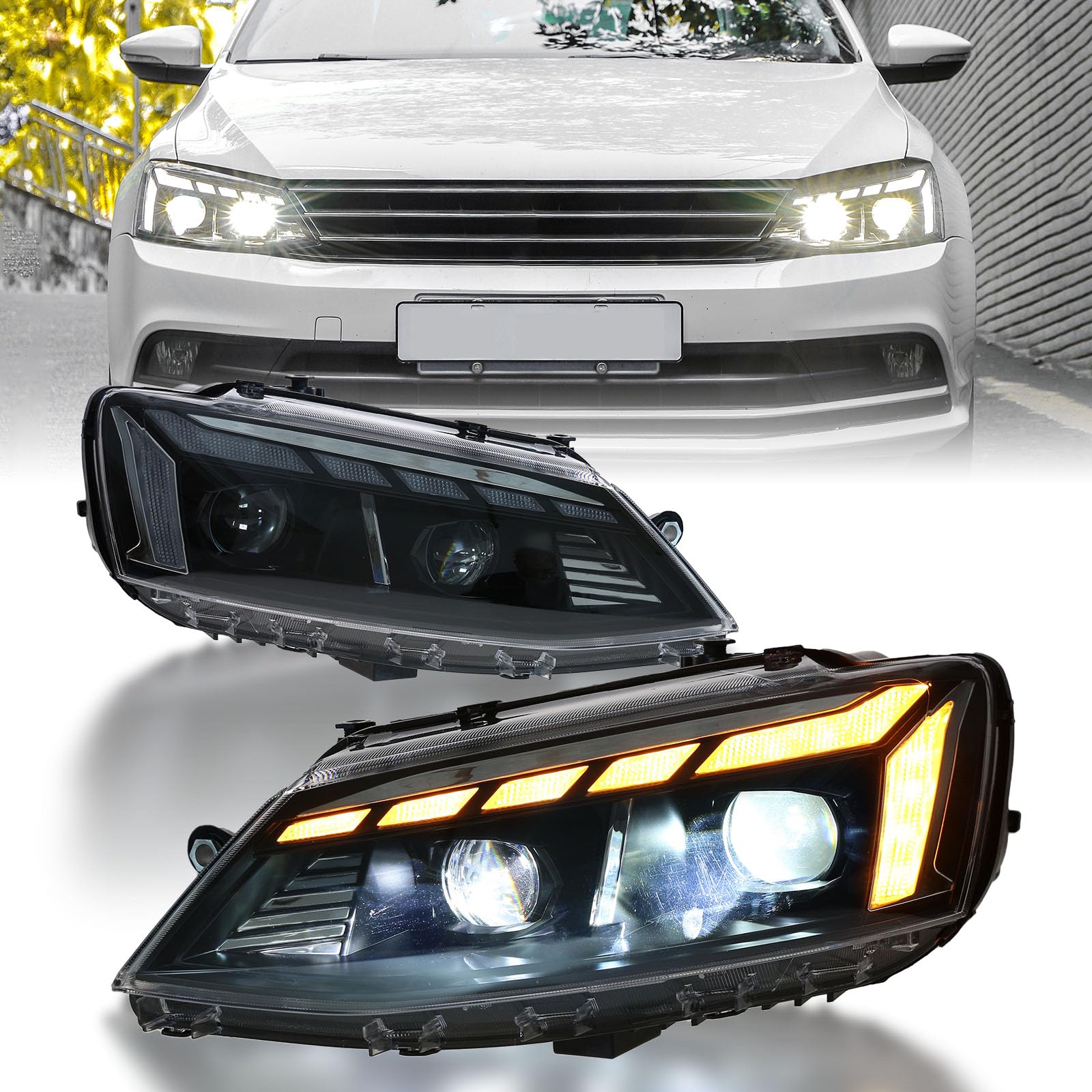 TT-ABC LED Headlight Assembly for 2012-2018 VW Volkswagen Jetta MK6 With Startup Animation Sequential Turn Signal - TT-ABC