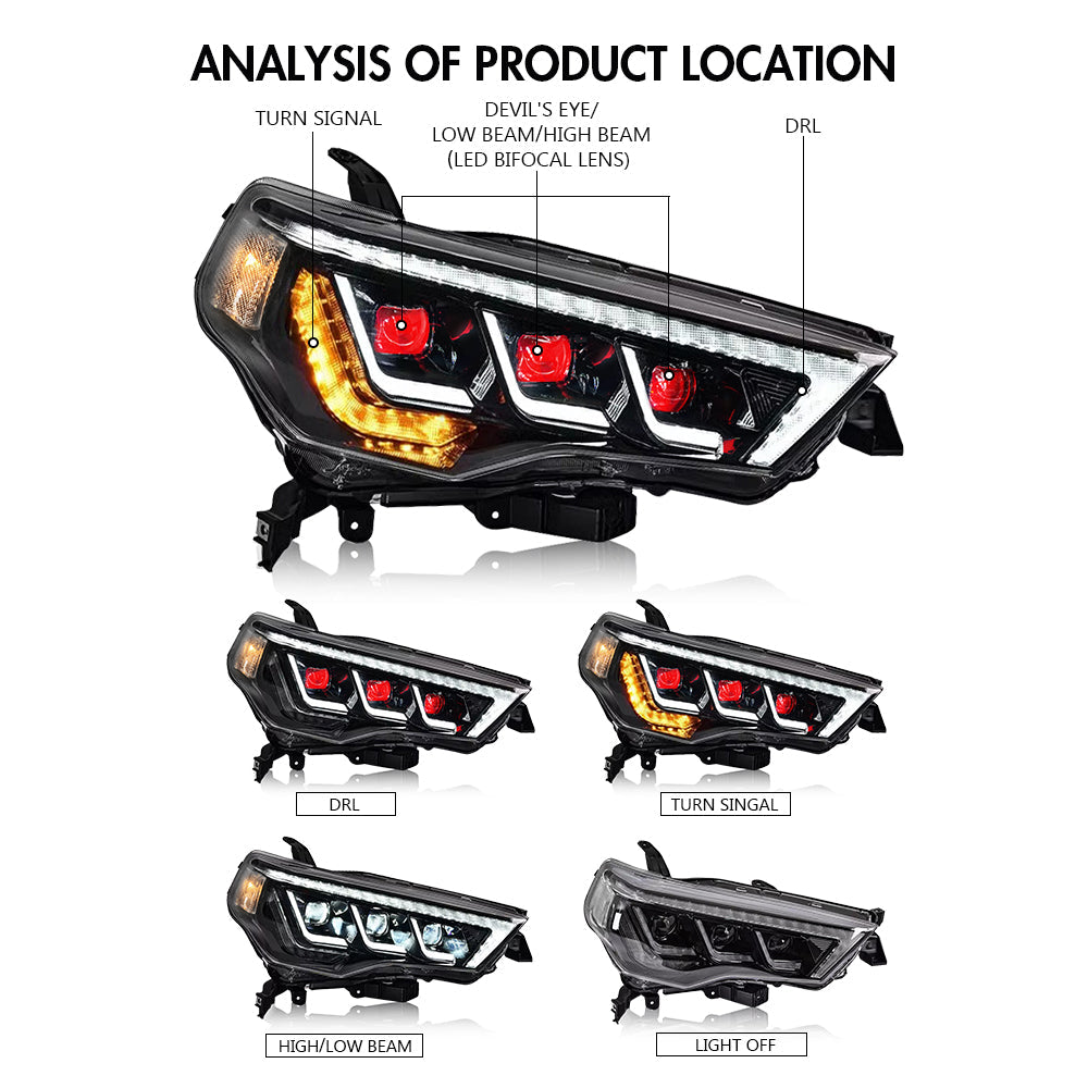 For 2014-2022 Toyota 4Runner Led Headlights (White/Devil Eyes