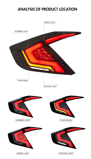 For 2016-2021 Honda Civic 10th Gen Led Tail Lights With DRL Start Up Animation Rear Lamp Assembly (Smoked/Red) - TT-ABC