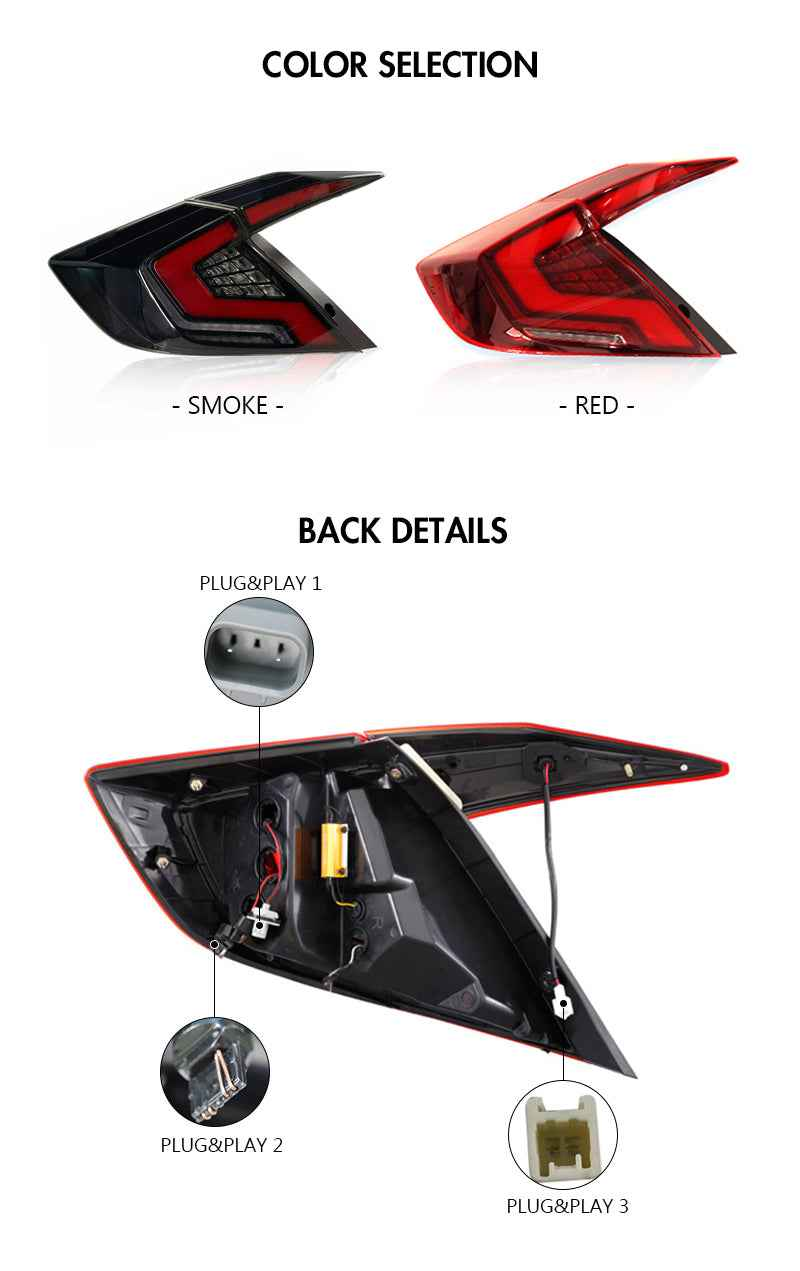 For 2016-2021 Honda Civic 10th Gen Led Tail Lights With DRL Start Up Animation Rear Lamp Assembly (Smoked/Red) - TT-ABC