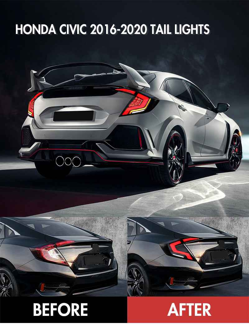 For 2016-2021 Honda Civic 10th Gen Led Tail Lights With DRL Start Up Animation Rear Lamp Assembly (Smoked/Red) - TT-ABC