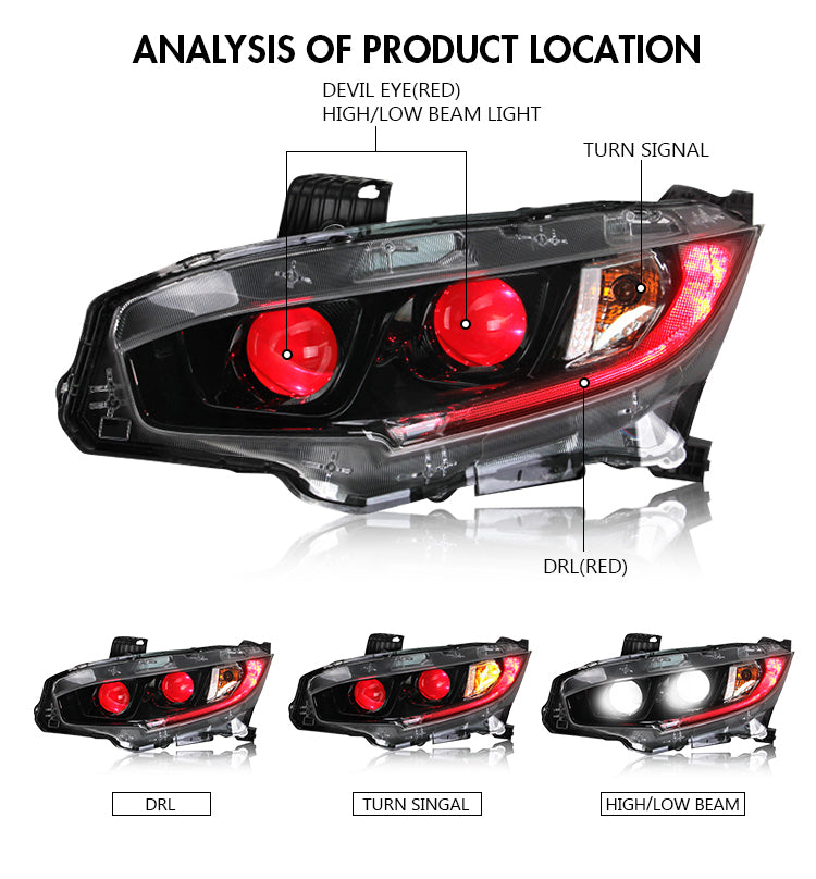 TT-ABC- Headlights For 2016 - 2021 Honda Civic LED Start Animation Front Lamp-Honda-TT-ABC-71*33*61-TT-ABC