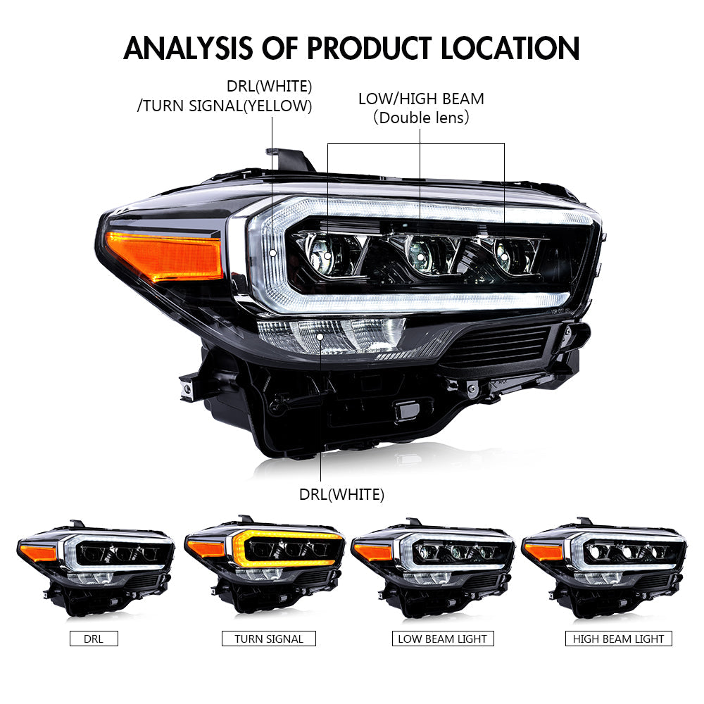 Pair Headlight Assembly For 2016-2022 Toyota Tacoma – Halogen, Chrome/Black Housing, Clear Lens, W/o LED DRL