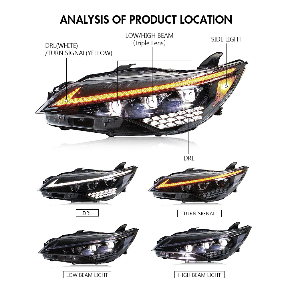 Triple Beam LED Headlamps for 2015-2017 Toyota Camry 7th Gen LE SE