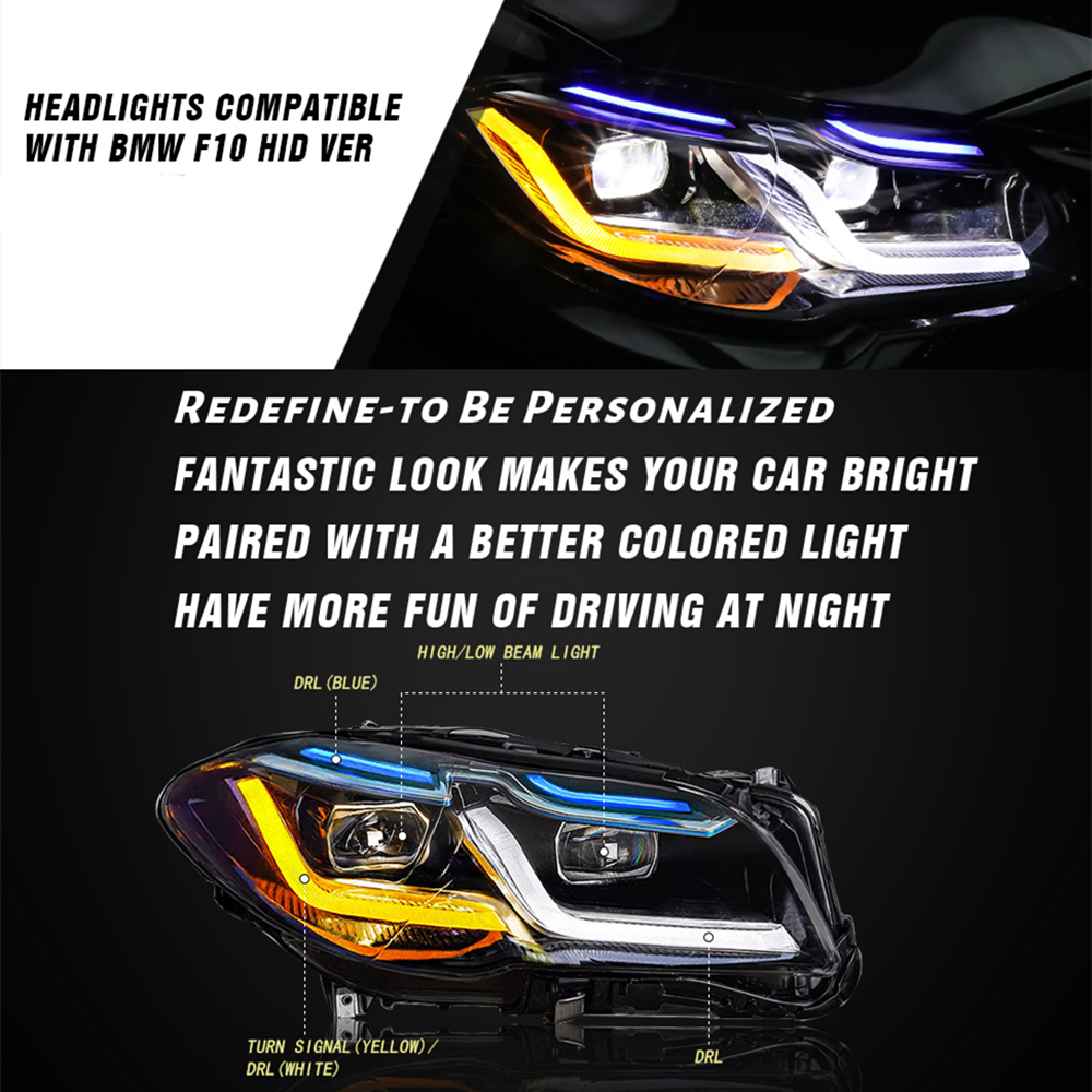 TT-ABC - New Headlamps for 2011-2017 BMW F10 Headlight Hid 5 Series Accessories Updated 2021 M5 Competition Style Led Turn Signals Assembly Blue DRL Custom Replacement Front Lamp-BMW-TT-ABC-TT-ABC