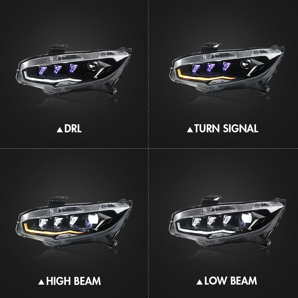 TT-ABC - New Accessories for 2016-2021 Honda Civic Headlights Assembly Sedan Hatchback Coupe 10th Gen Led Headlight Sport EX Type R DRL Sequential Turn Signals Diamond Startup Projector Replacement Lamp Purple Version 1 Pair (Left Hand Drive)-Honda-TT-ABC-TT-ABC